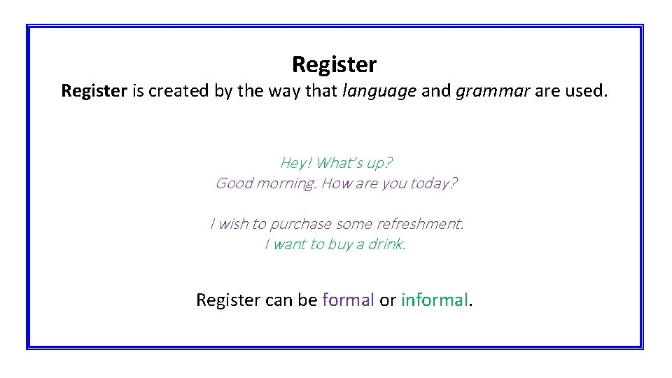 Register is created by the way that language and grammar are used. Hey! What’s