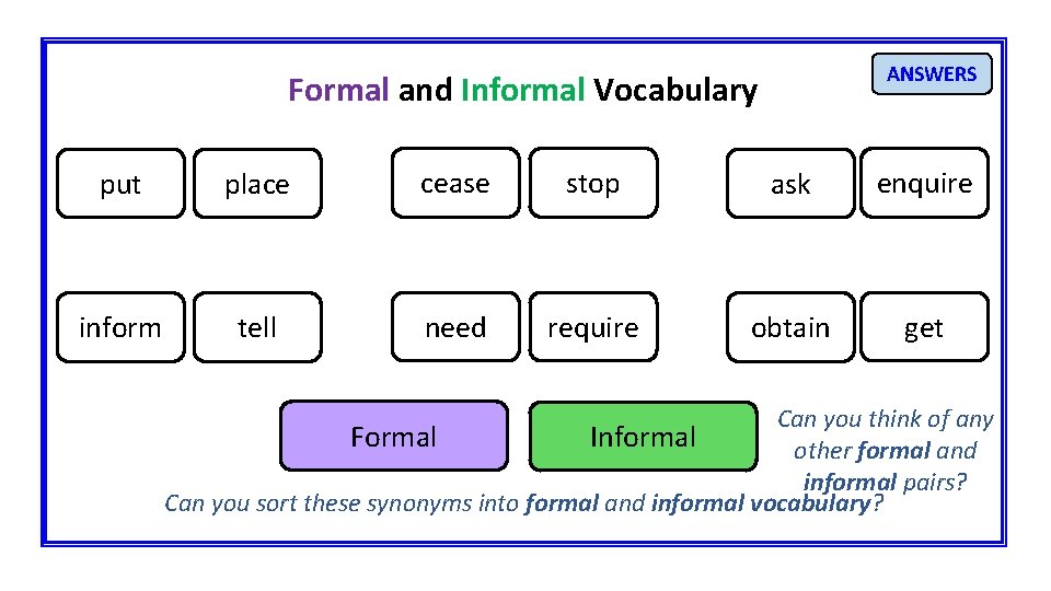 ANSWERS Formal and Informal Vocabulary put place cease stop ask enquire inform tell need ANSWERS Formal and Informal Vocabulary put place cease stop ask enquire inform tell need
