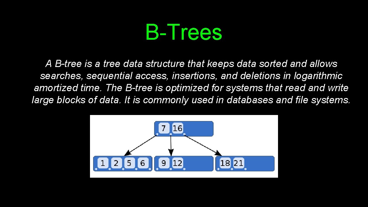 B-Trees A B-tree is a tree data structure that keeps data sorted and allows B-Trees A B-tree is a tree data structure that keeps data sorted and allows
