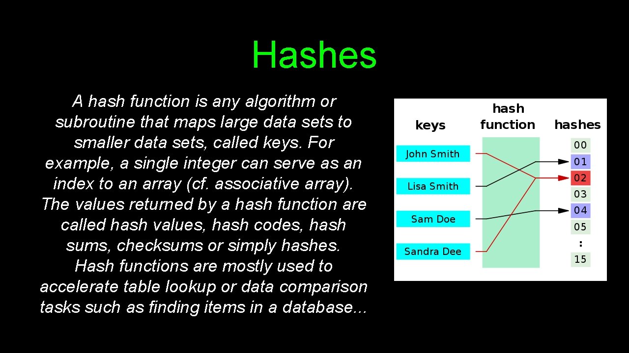 Hashes A hash function is any algorithm or subroutine that maps large data sets Hashes A hash function is any algorithm or subroutine that maps large data sets