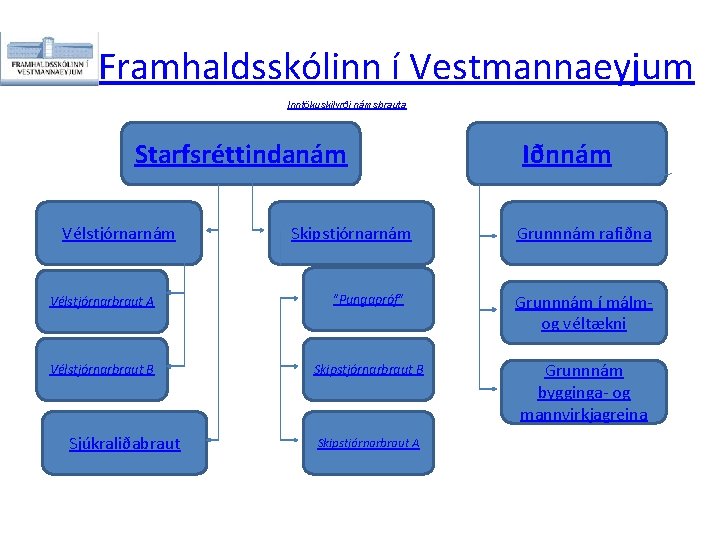 Framhaldsskólinn í Vestmannaeyjum Inntökuskilyrði námsbrauta Starfsréttindanám Vélstjórnarnám Skipstjórnarnám Iðnnám Grunnnám rafiðna Vélstjórnarbraut A "Pungapróf"