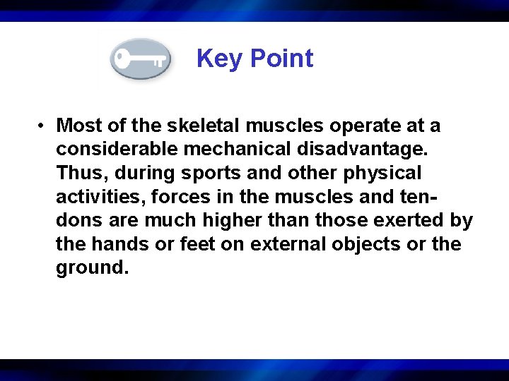Key Point • Most of the skeletal muscles operate at a considerable mechanical disadvantage.