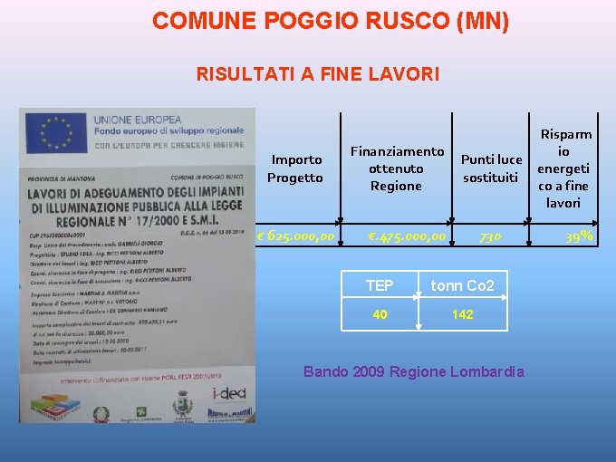 COMUNE POGGIO RUSCO (MN) RISULTATI A FINE LAVORI Importo Progetto TOTALE € 625. 000,