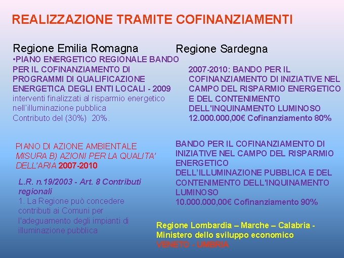 REALIZZAZIONE TRAMITE COFINANZIAMENTI Regione Emilia Romagna Regione Sardegna • PIANO ENERGETICO REGIONALE BANDO PER