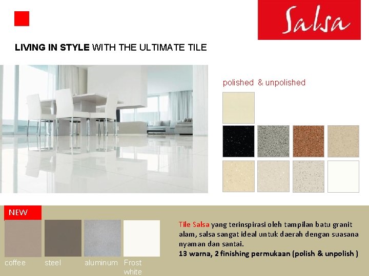 LIVING IN STYLE WITH THE ULTIMATE TILE polished & unpolished NEW coffee steel aluminum
