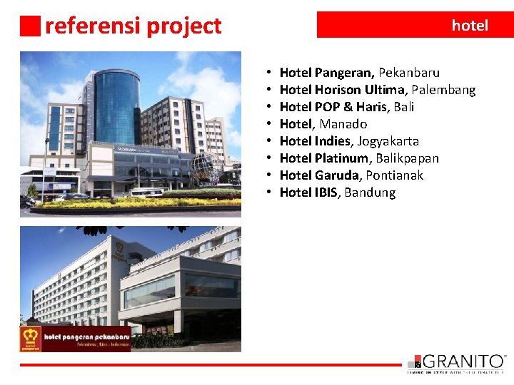 referensi project hotel • • Hotel Pangeran, Pekanbaru Hotel Horison Ultima, Palembang Hotel POP