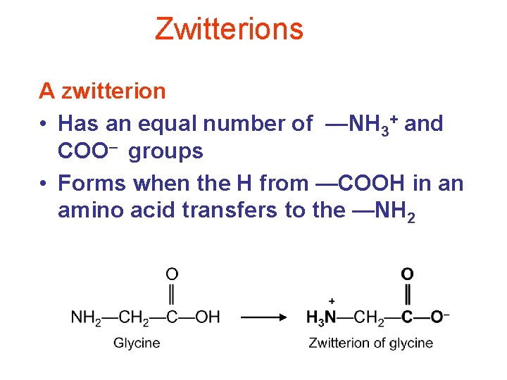 Zwitterions A zwitterion • Has an equal number of —NH 3+ and COO– groups