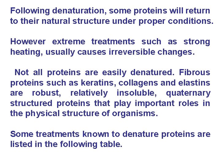 Following denaturation, some proteins will return to their natural structure under proper conditions. However