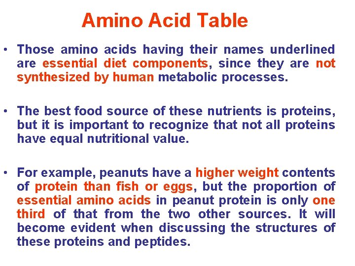 Amino Acid Table • Those amino acids having their names underlined are essential diet