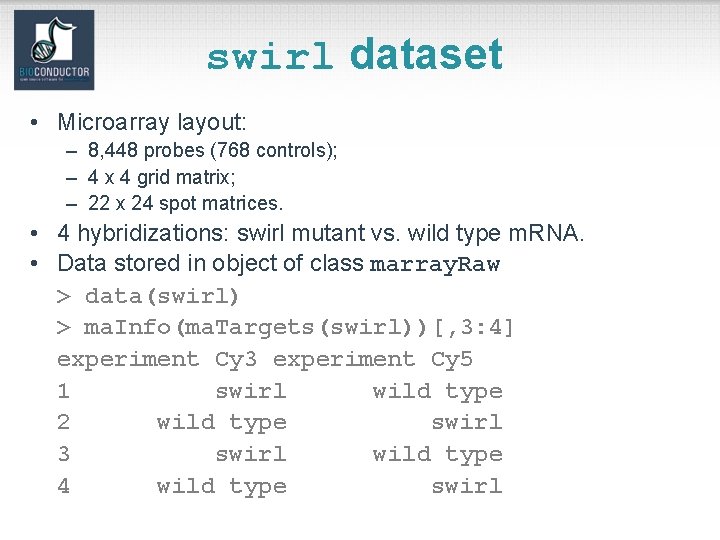 swirl dataset • Microarray layout: – 8, 448 probes (768 controls); – 4 x