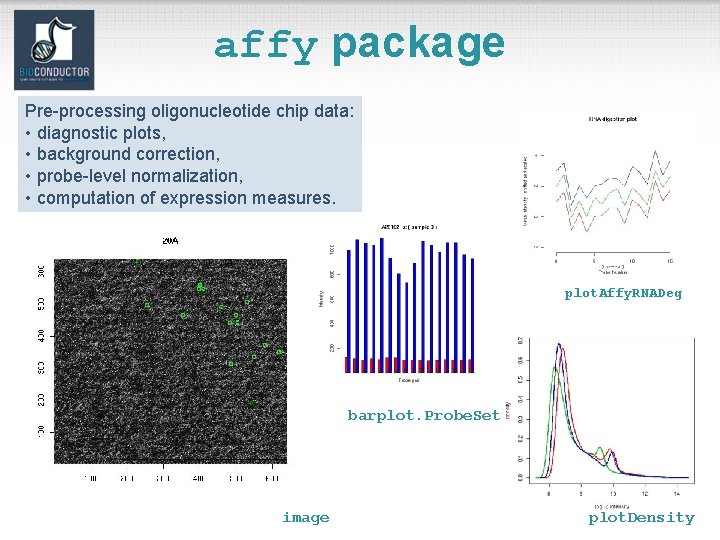 affy package Pre-processing oligonucleotide chip data: • diagnostic plots, • background correction, • probe-level