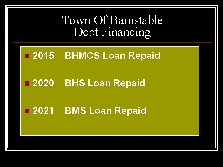 Town Of Barnstable Debt Financing n 2015 BHMCS Loan Repaid n 2020 BHS Loan