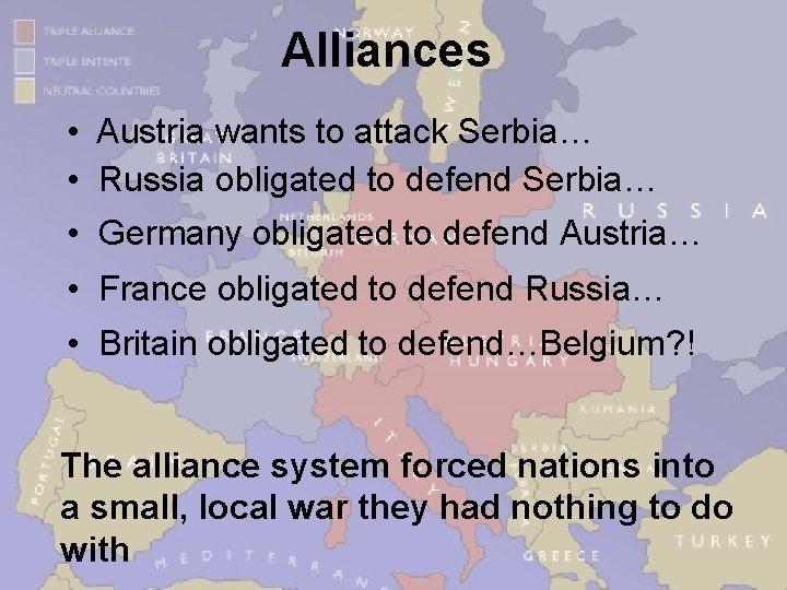 Alliances • Austria wants to attack Serbia… • Russia obligated to defend Serbia… •