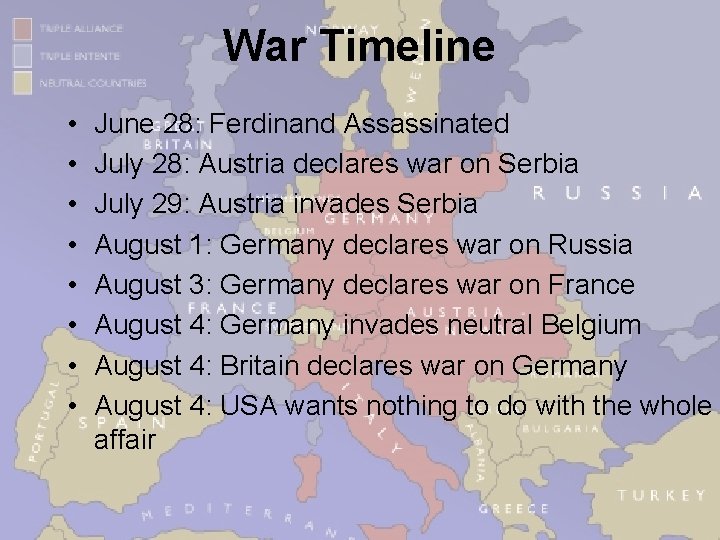 War Timeline • • June 28: Ferdinand Assassinated July 28: Austria declares war on