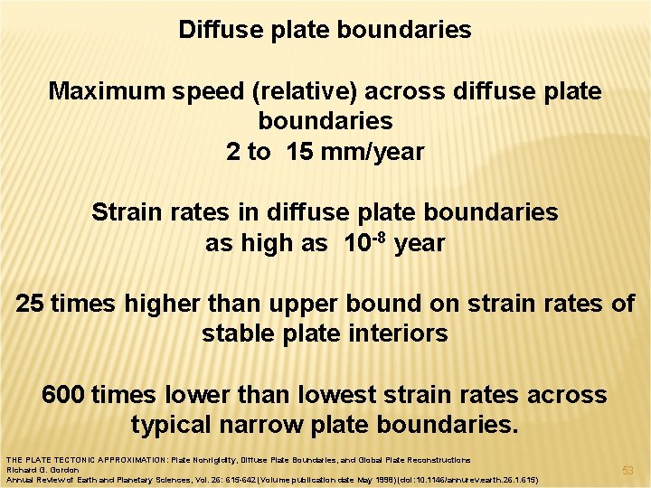 Diffuse plate boundaries Maximum speed (relative) across diffuse plate boundaries 2 to 15 mm/year