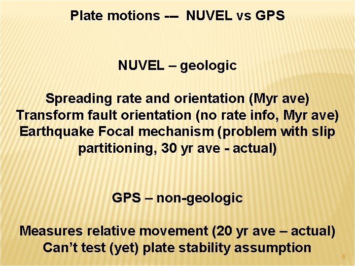 Plate motions --- NUVEL vs GPS NUVEL – geologic Spreading rate and orientation (Myr