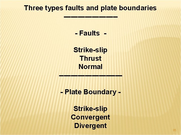 Three types faults and plate boundaries ------------ Faults Strike-slip Thrust Normal -------------- Plate Boundary
