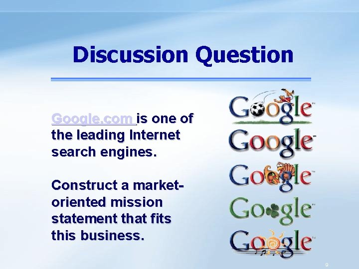 Discussion Question Google. com is one of the leading Internet search engines. Construct a