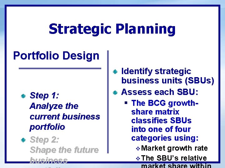 Strategic Planning Portfolio Design Step 1: Analyze the current business portfolio Step 2: Shape