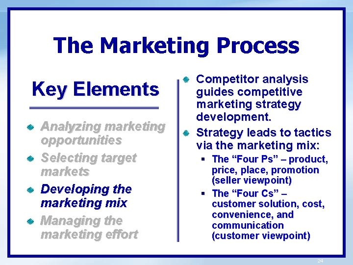 The Marketing Process Key Elements Analyzing marketing opportunities Selecting target markets Developing the marketing