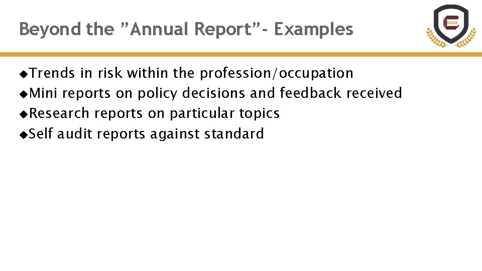 Beyond the ”Annual Report”- Examples Trends in risk within the profession/occupation Mini reports on