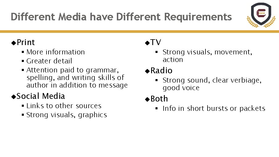 Different Media have Different Requirements Print § More information § Greater detail § Attention