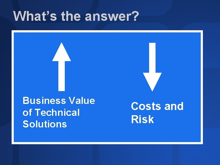 What’s the answer? Business Value of Technical Solutions Costs and Risk 