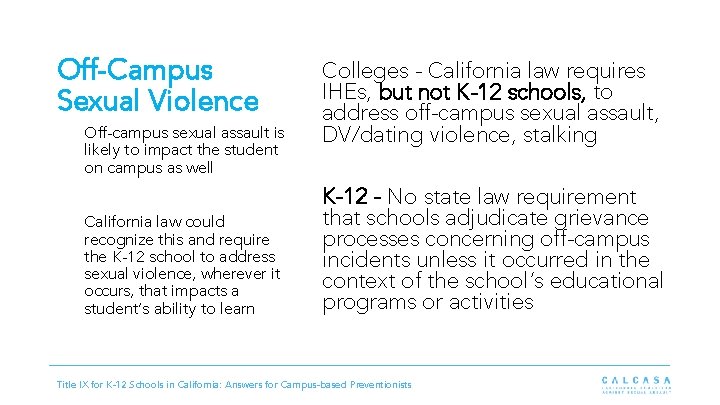 Off-Campus Sexual Violence Off-campus sexual assault is likely to impact the student on campus