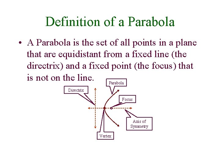 Definition of a Parabola • A Parabola is the set of all points in