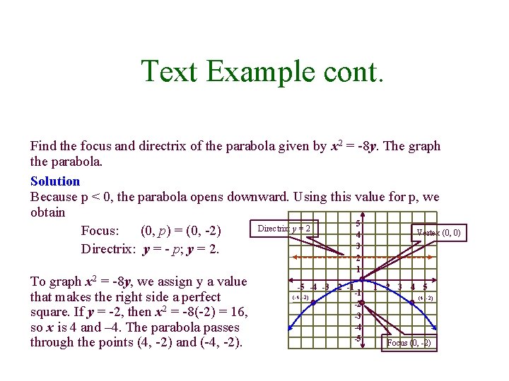 Text Example cont. Find the focus and directrix of the parabola given by x
