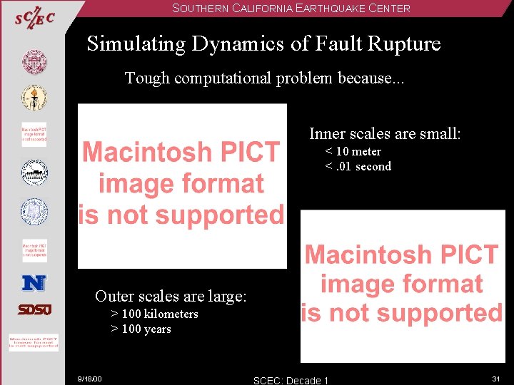 SOUTHERN CALIFORNIA EARTHQUAKE CENTER Simulating Dynamics of Fault Rupture Tough computational problem because. .