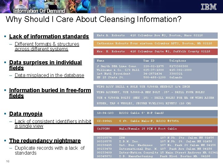 Why Should I Care About Cleansing Information? § Lack of information standards – Different