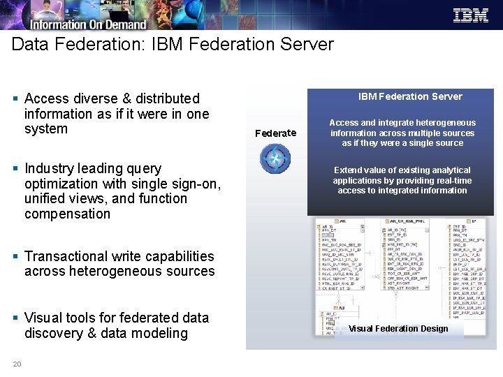 Data Federation: IBM Federation Server § Access diverse & distributed information as if it
