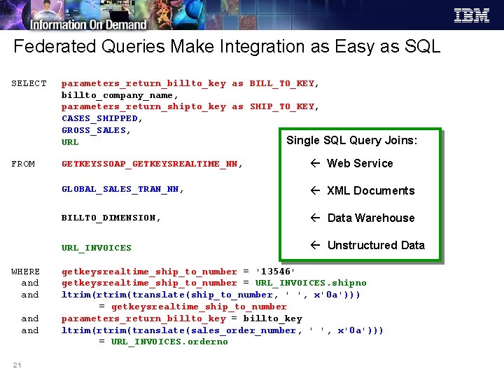 Federated Queries Make Integration as Easy as SQL SELECT parameters_return_billto_key as BILL_TO_KEY, billto_company_name, parameters_return_shipto_key