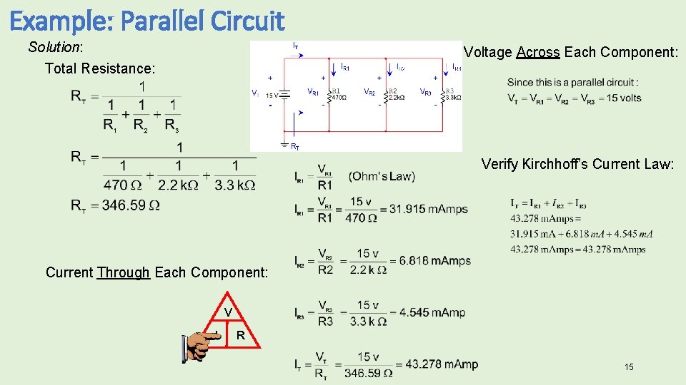 Example: Parallel Circuit Solution: Voltage Across Each Component: Total Resistance: Verify Kirchhoff’s Current Law: Example: Parallel Circuit Solution: Voltage Across Each Component: Total Resistance: Verify Kirchhoff’s Current Law: