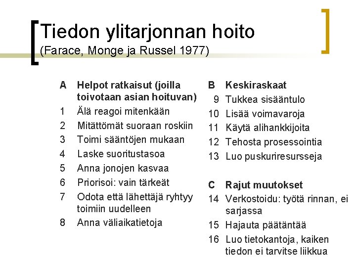 Tiedon ylitarjonnan hoito (Farace, Monge ja Russel 1977) A 1 2 3 4 5 Tiedon ylitarjonnan hoito (Farace, Monge ja Russel 1977) A 1 2 3 4 5