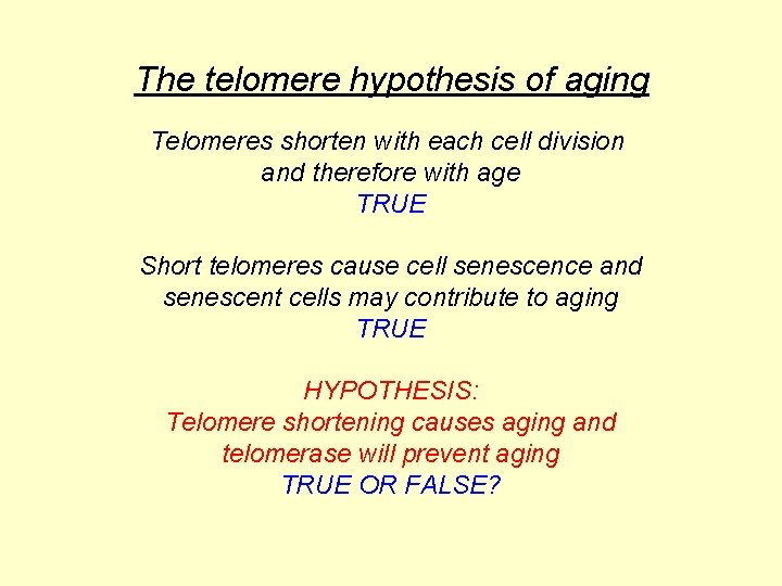 The telomere hypothesis of aging Telomeres shorten with each cell division and therefore with