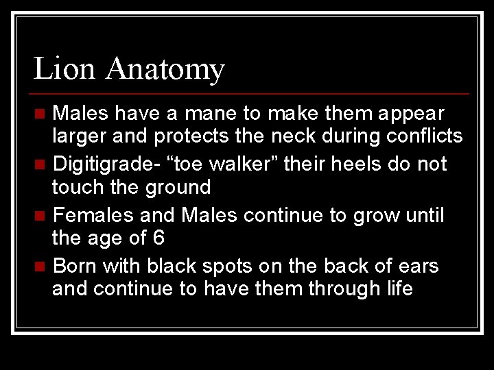 Lion Anatomy Males have a mane to make them appear larger and protects the