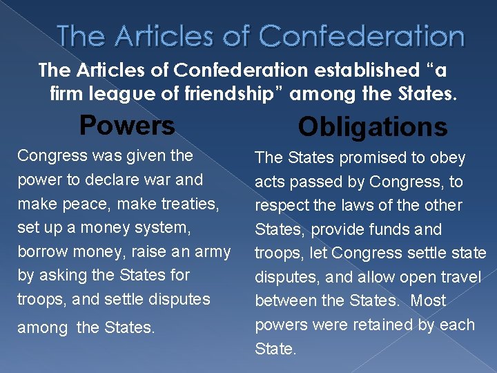 The Articles of Confederation established “a firm league of friendship” among the States. Powers