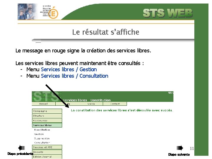 Le résultat s’affiche Le message en rouge signe la création des services libres. Les