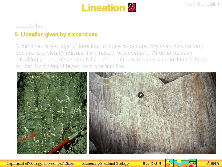 Types of Lineation Description 6. Lineation given by slickensides Slikensides are a type of
