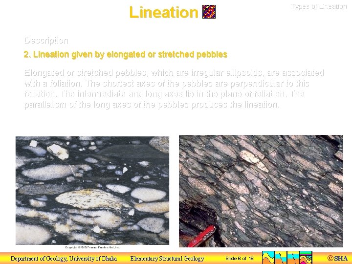 Types of Lineation Description 2. Lineation given by elongated or stretched pebbles Elongated or