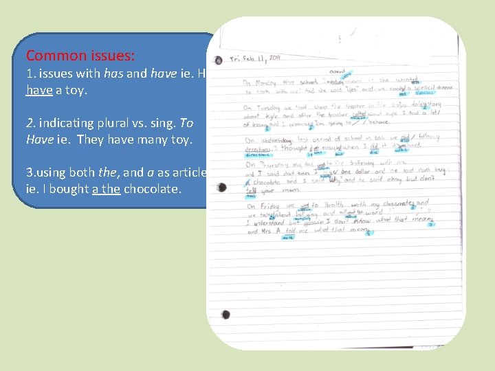 Common issues: 1. issues with has and have ie. He have a toy. 2.