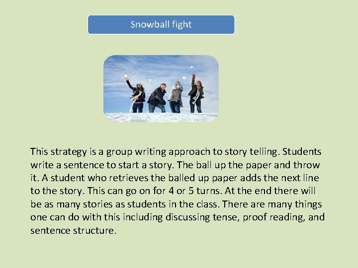 This strategy is a group writing approach to story telling. Students write a sentence