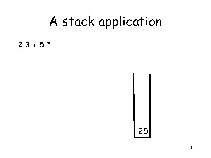 A stack application 2 3 + 5 * 25 10 