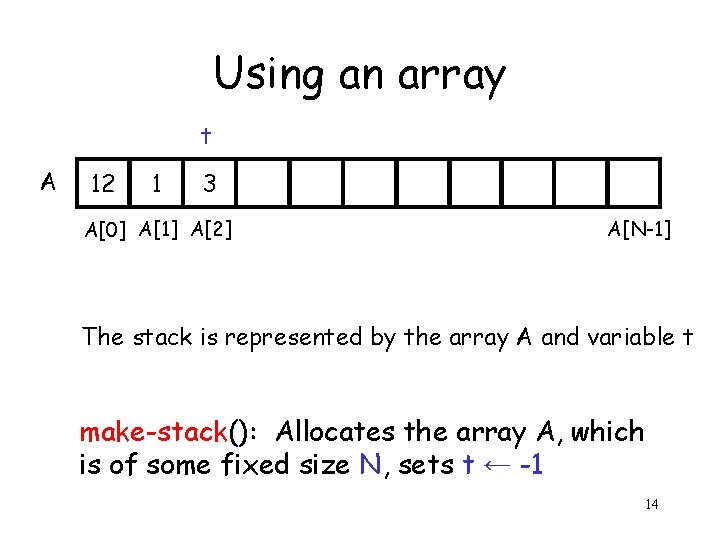 Using an array t A 12 1 3 A[0] A[1] A[2] A[N-1] The stack