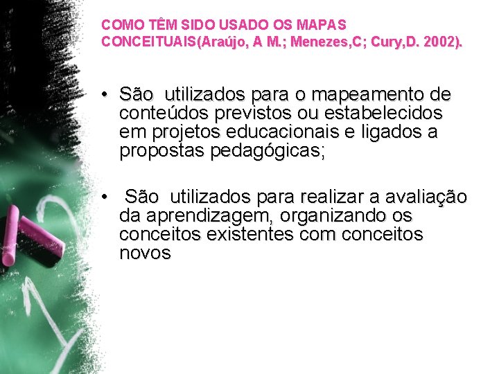 COMO TÊM SIDO USADO OS MAPAS CONCEITUAIS(Araújo, A M. ; Menezes, C; Cury, D.