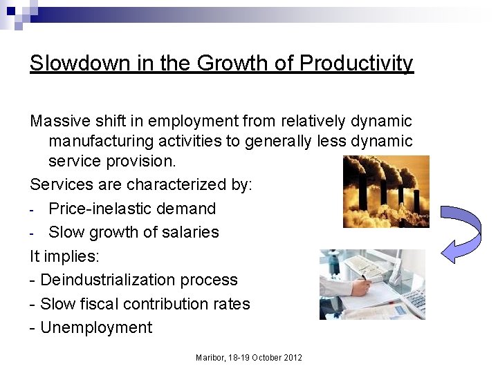 Slowdown in the Growth of Productivity Massive shift in employment from relatively dynamic manufacturing