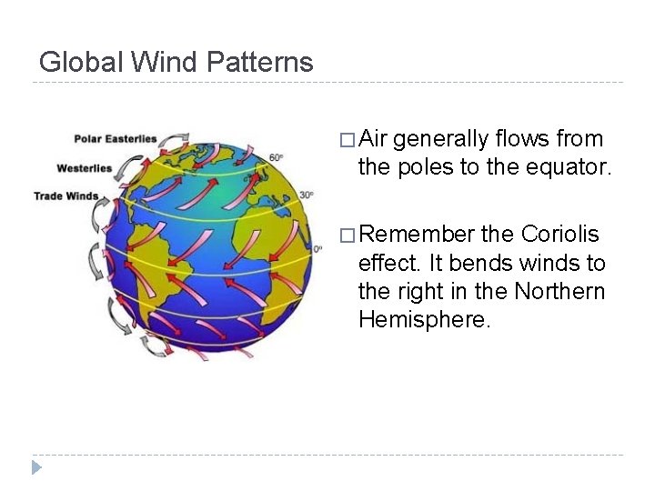 Global Wind Patterns � Air generally flows from the poles to the equator. �