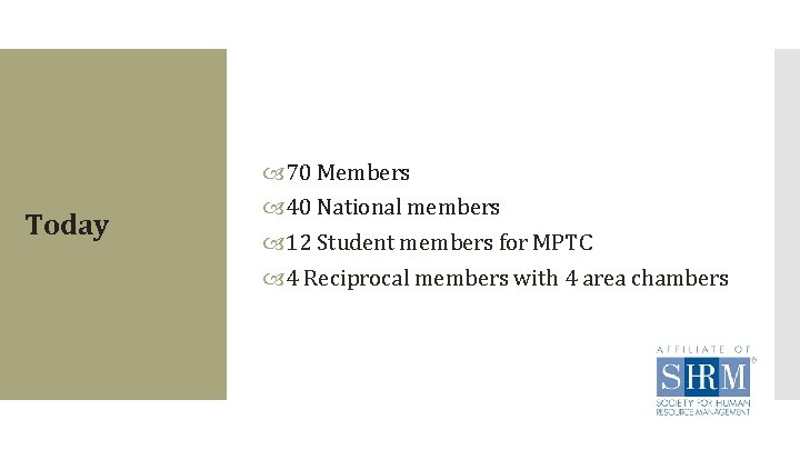 Today 70 Members 40 National members 12 Student members for MPTC 4 Reciprocal members